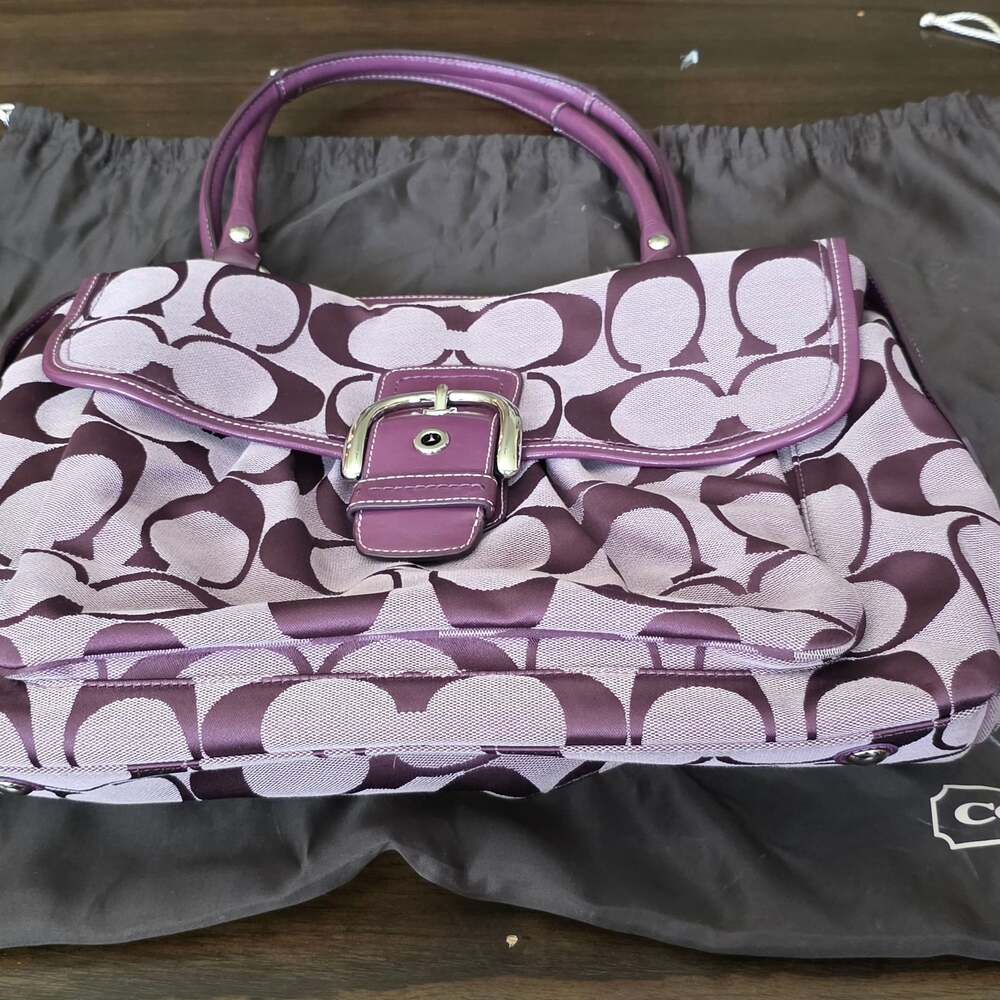 Coach Signature C Canvas Hobo Shoulder Bag with Purple Leather Trim
